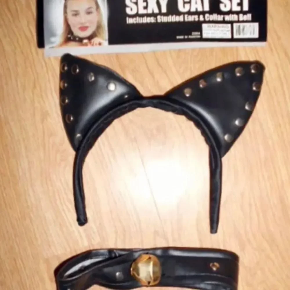 Sexy Black Vinyl Studded Kitty CAT COSTUME SET Ears Headband Collar Bell goth